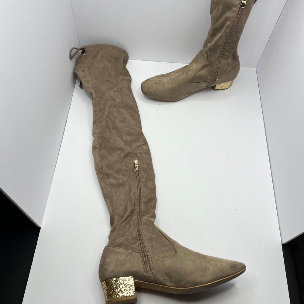 Catherine Malandrino Taupe Over the Knee Boots Women Size 9 Gold Glitter Glitzy